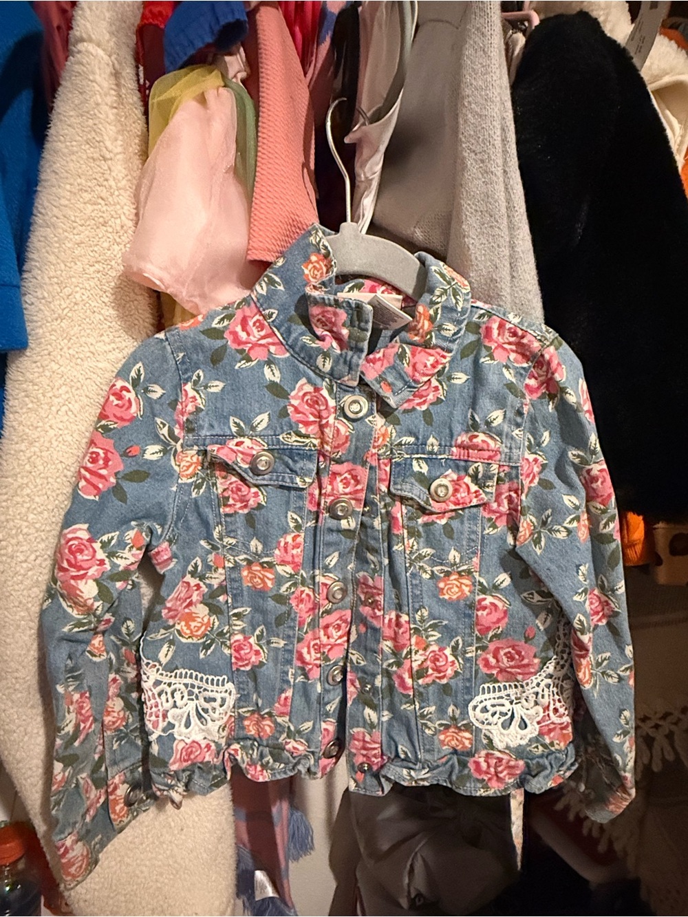 Girls' Floral Denim Jacket - Pink Roses